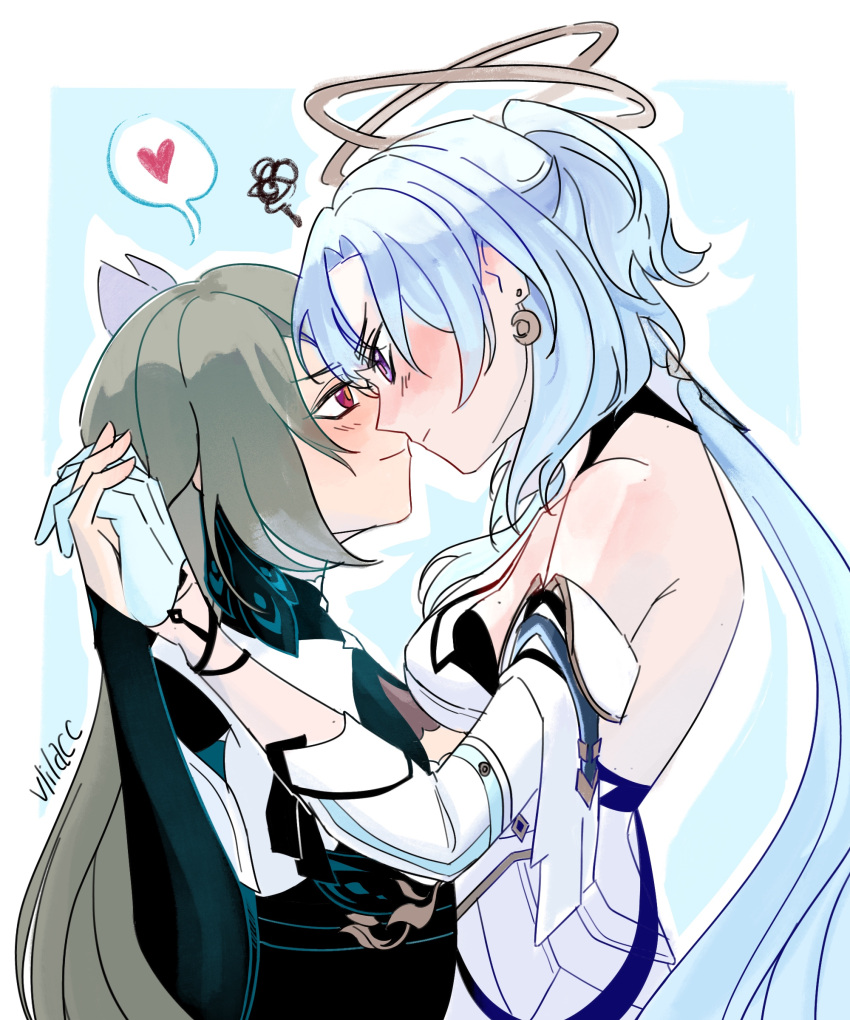 2girls, absurdres, blue_background, blue_hair, commentary, english_commentary, grey_hair, griseo, griseo_(cosmic_expression), halo, heart, highres, holding_hands, honkai_(series), honkai_impact_3rd, long_hair, multiple_girls, ponytail, red_eyes, signature, spoken_heart, squiggle, valentine, violet_eyes, vita_(honkai_impact), vlilacc, yuri