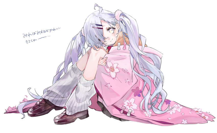 1girl, ahoge, brown_cardigan, brown_shoes, cardigan, commentary_request, full_body, grey_eyes