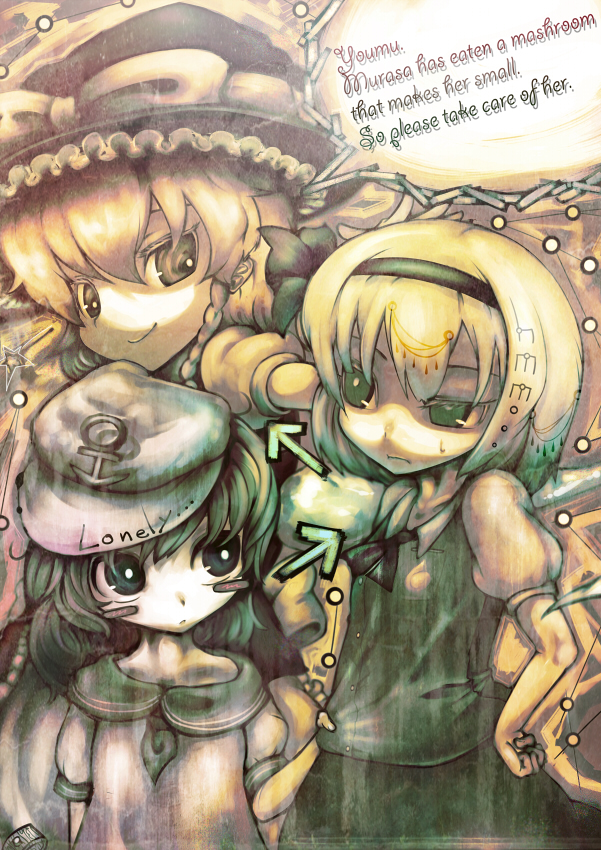 :/, blush_stickers, clothes_grab, directional_arrow, hairband, hand_on_hip, hat, kirisame_marisa