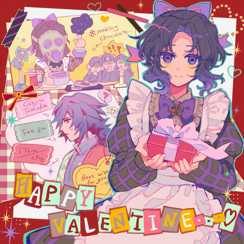 1boy, 4girls, alternate_costume, apron, arrow_(symbol), birthday_date, black_dress, black_hair