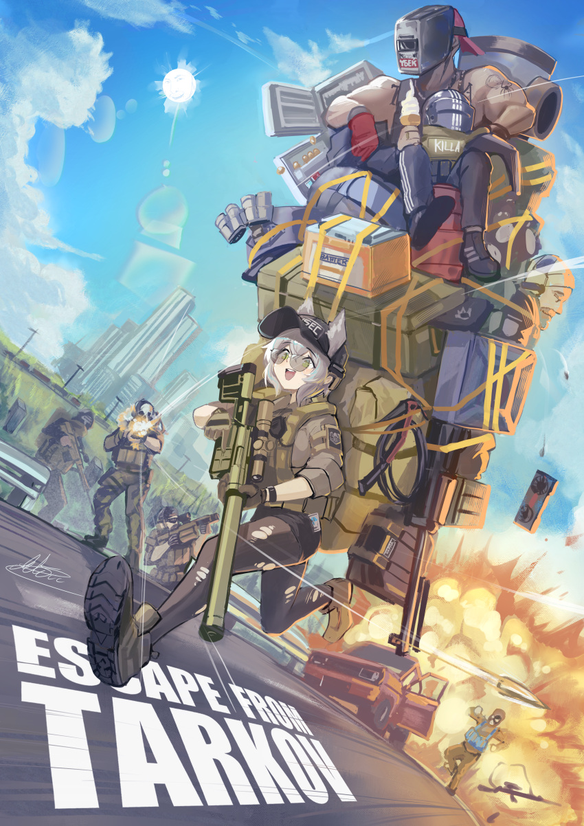 1girl, 6+boys, absurdres, animal_ears, arktic, backpack, bag, baseball_cap, big_pipe_(escape_from_tarkov), birdeye_(escape_from_tarkov), black_hat, black_shorts, blue_sky, bolt_action, boots, brown_boots, brown_gloves, building, bullet, bulletproof_vest, car, clouds, commentary, copyright_name, day, english_commentary, escape_from_tarkov, explosion, food, gloves, graphics_card, green_eyes, grenade_launcher, gun, gun_sling, hat, highres, holding, holding_gun, holding_weapon, ice_cream, killa_(escape_from_tarkov), knight_(escape_from_tarkov), lobaev_arms_dvl-10_m1_sabatour, milkor_mgl, motor_vehicle, multiple_boys, muscular, muscular_male, night_vision_device, open_mouth, outdoors, pantyhose, rifle, running, short_shorts, shorts, sky, skyscraper, smile, sniper_rifle, sun, sun_glare, sunglasses, tagilla_(escape_from_tarkov), teeth, torn_clothes, torn_pantyhose, upper_teeth_only, weapon, welding_mask, white_hair