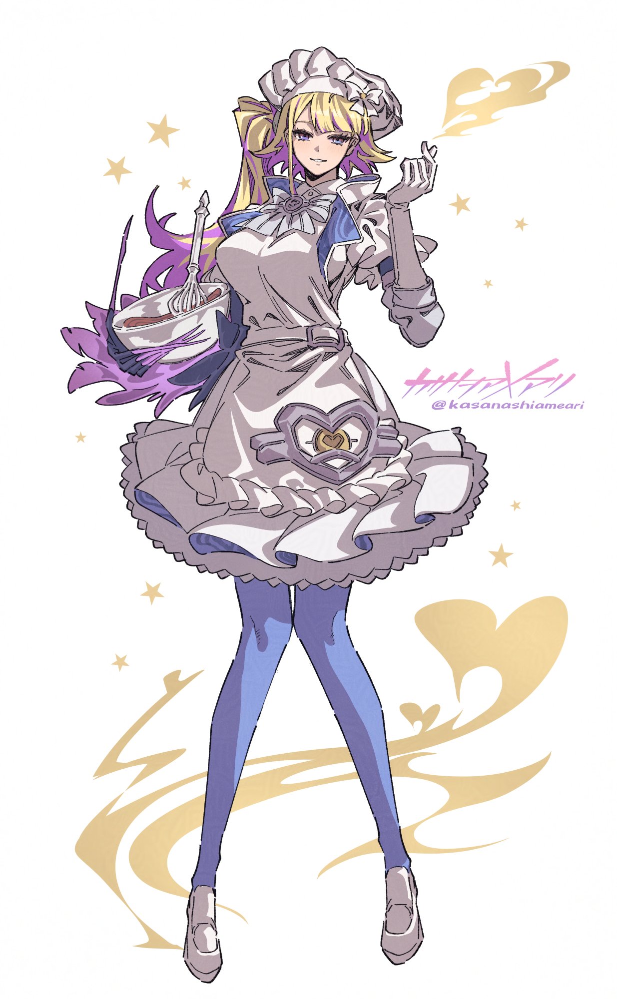 1girl, blonde_hair, blue_eyes, blue_pantyhose, breasts, chocolate, chocolate_making, commentary_request, diabellze_the_original_sinkeeper, double_finger_heart, duel_monster, finger_heart, hat, highres, kasanashiameari, large_breasts, long_hair, looking_at_viewer, magic_arm, mixing_bowl, multicolored_hair, pantyhose, purple_hair, simple_background, smile, solo, streaked_hair, twitter_username, whisk, white_background, white_hat, yu-gi-oh!