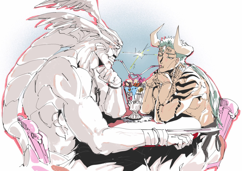 1boy, 1other, arm_tattoo, commentary, crazy_straw, dabura_karaba, drinking_straw, english_commentary, green_eyes, green_hair, grin, happy_valentine, heart_straw, highres, horns, jujutsu_kaisen, jujutsu_kaisen_modulo, long_earlobes, long_hair, looking_at_another, mahoraga_(jujutsu_kaisen), no_shirt, pants, ponytail, shared_drink, shoulder_tattoo, sitting, smile, sparkle, tattoo, third_eye, valentine, white_horns, white_pants, zeiame