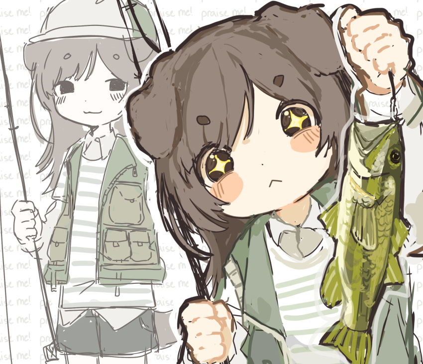 1girl, :<, animal, animal_ears, black_eyes, black_shorts, brown_hair, brown_tail