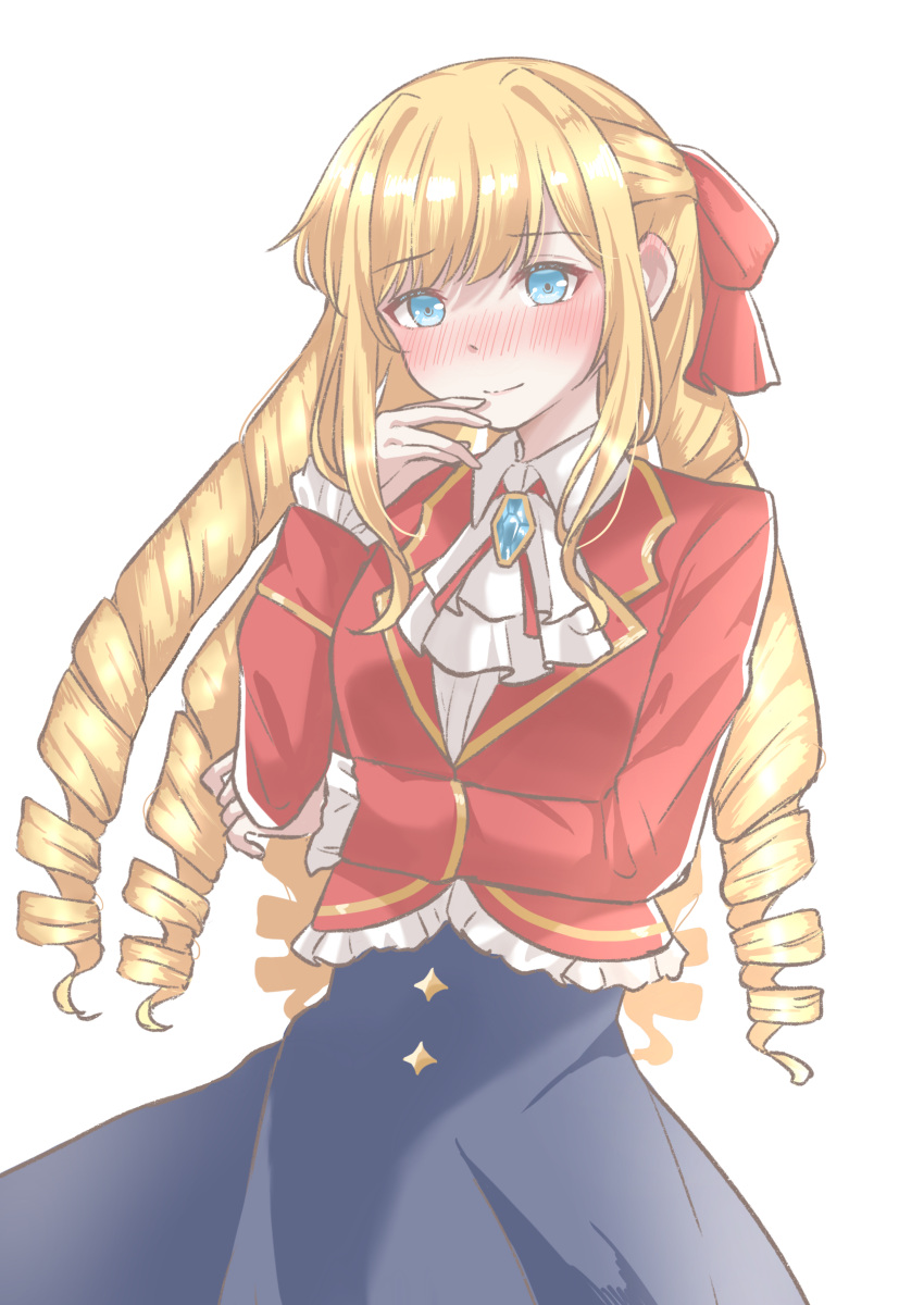 1girl, absurdres, acchuu_(achu10273), ascot, black_skirt, blonde_hair, blue_eyes, blush