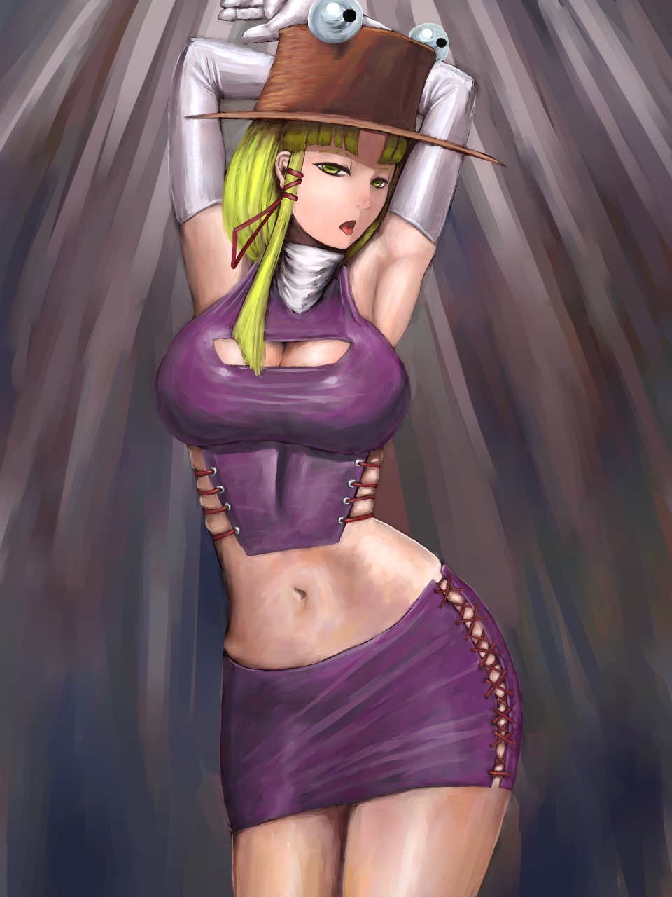adult, armpits, arms_up, blonde_hair, breasts, cleavage, cleavage_cutout, elbow_gloves, eyes, gloves, hat, highres, large_breasts, midriff, miniskirt, moriya_suwako, navel, rokusyaku_under, skirt, solo, touhou, white_gloves, yellow_eyes