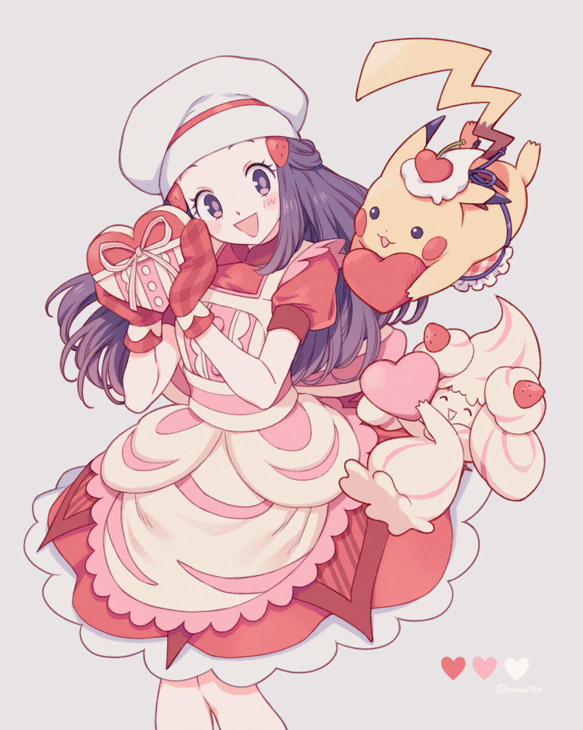 1girl, alcremie, alcremie_(strawberry_sweet), apron, blue_eyes, blush, box, box_of_chocolates
