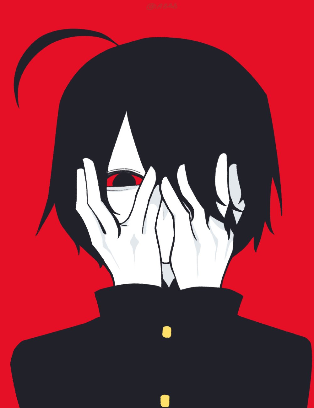 1boy, aegyo_sal, ahoge, awawah88, black_eyes, black_hair, buttons, colored_sclera