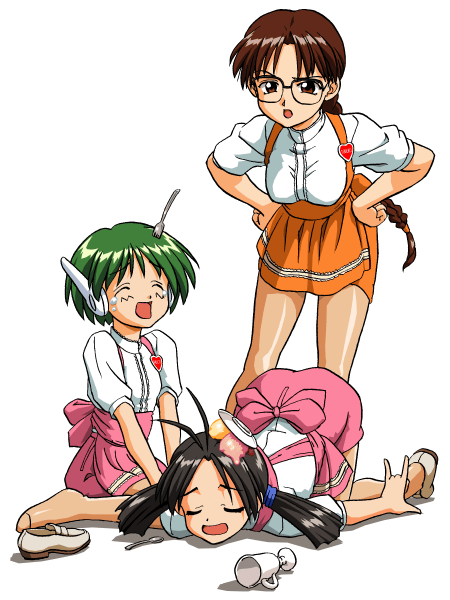 3girls, \m/, accident, android, anna_miller, antenna_hair, apron, back_bow