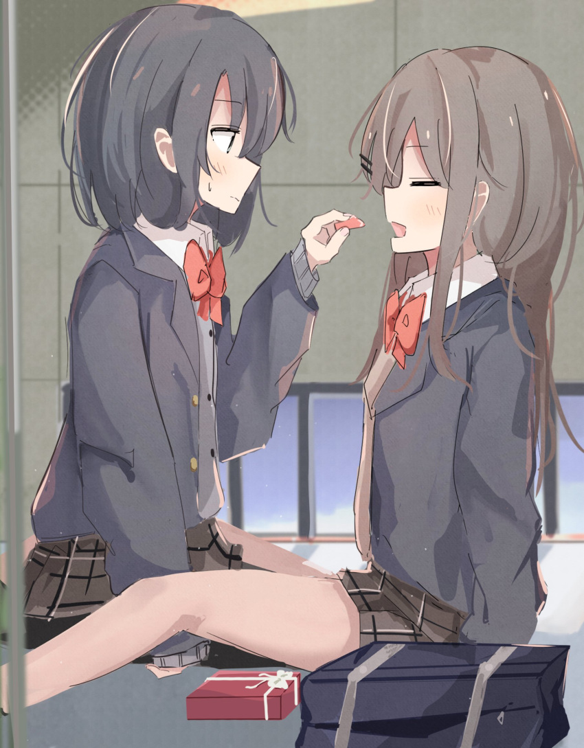 2girls, adachi_sakura, adachi_to_shimamura, bag, between_legs, black_hair, black_jacket, blush, bow, bowtie, box, brown_hair, brown_skirt, closed_eyes, closed_mouth, collared_shirt, feeding, gift, gift_box, highres, ichiha_(ichi_u2), indoors, jacket, long_hair, looking_at_another, medium_hair, multiple_girls, open_mouth, plaid_clothes, plaid_skirt, pleated_skirt, red_bow, red_bowtie, school_bag, school_uniform, shimamura_hougetsu, shirt, skirt, valentine, white_shirt, yuri