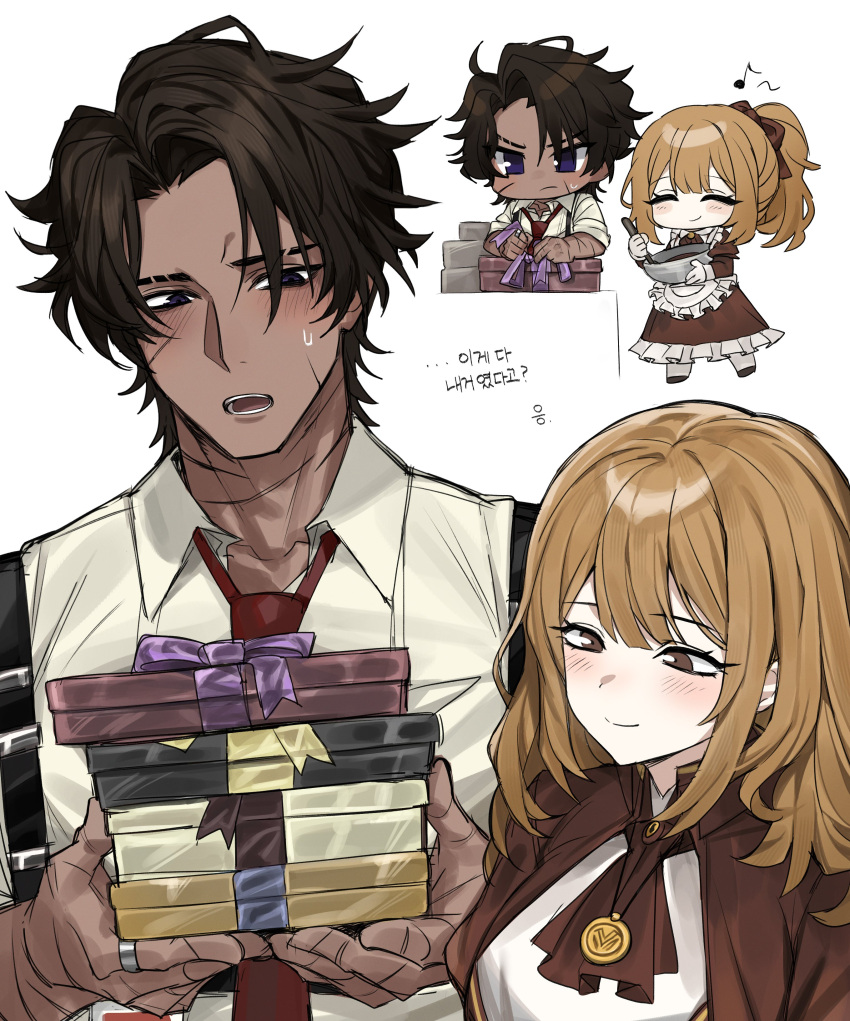 1boy, 1girl, 1mingk, ^_^, absurdres, apron, ascot, blush, blush_stickers, bowl, box, box_stack, brown_ascot, brown_dress, brown_eyes, brown_hair, catherine_(project_moon), chibi, chibi_inset, chocolate, closed_eyes, closed_mouth, collared_shirt, commentary, curtained_hair, dark-skinned_male, dark_skin, dress, frilled_apron, frilled_dress, frills, heathcliff_(project_moon), hetero, high_ponytail, highres, holding, holding_bowl, holding_box, holding_ladle, jewelry, korean_text, ladle, limbus_company, long_hair, looking_down, musical_note, necktie, open_mouth, ponytail, project_moon, red_necktie, ring, scar, scar_on_face, shirt, short_hair, sidelocks, smile, suspenders, sweatdrop, tying, tying_ribbon, untranslatable_commentary, valentine, violet_eyes, white_shirt, wing_collar