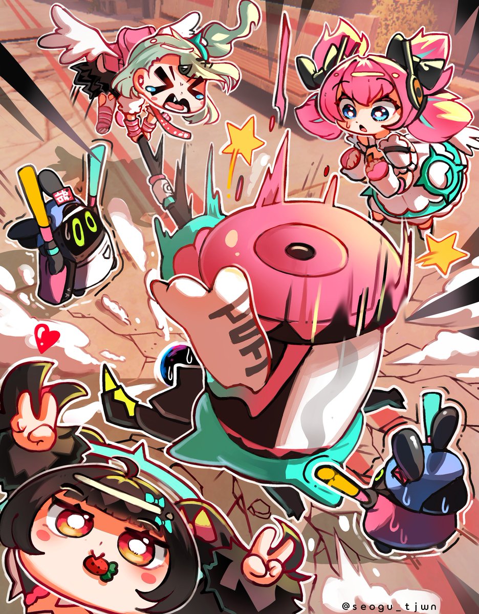>_<, 3girls, angels_of_delusion, aqua_hair, aqua_streaks, aria_(zenless_zone_zero), arm_warmers, arms_up, bangboo_(zenless_zone_zero), biggest_fan_(zenless_zone_zero), black_hair, black_skirt, blue_eyes, blush, bow, carrot, commentary_request, crack, cracked_floor, detached_sleeves, double_v, dress, ethereal_(zenless_zone_zero), fang, floating_hair, food_in_mouth, fur-trimmed_skirt, fur-trimmed_sleeves, fur_trim, glowstick, green_bow, green_hair, green_halo, hair_bow, hair_ornament, halo, hammer, heart, highres, holding, holding_glowstick, holding_hammer, leg_warmers, multicolored_hair, multiple_girls, multiple_hair_bows, multiple_hair_clips, nangong_yu, necktie, open_mouth, penlight_(glowstick), pink_arm_warmers, pink_bag, pink_hair, pink_leg_warmers, ponytail, red_eyes, red_necktie, seogu_tjwn, shadow, shirt, short_twintails, skirt, star_(symbol), streaked_hair, striped_arm_warmers, striped_leg_warmers, sunna_(zenless_zone_zero), sweat, tears, triangle_hair_ornament, twintails, twitter_username, v, white_dress, white_shirt, white_wings, winged_bag, wings, zenless_zone_zero