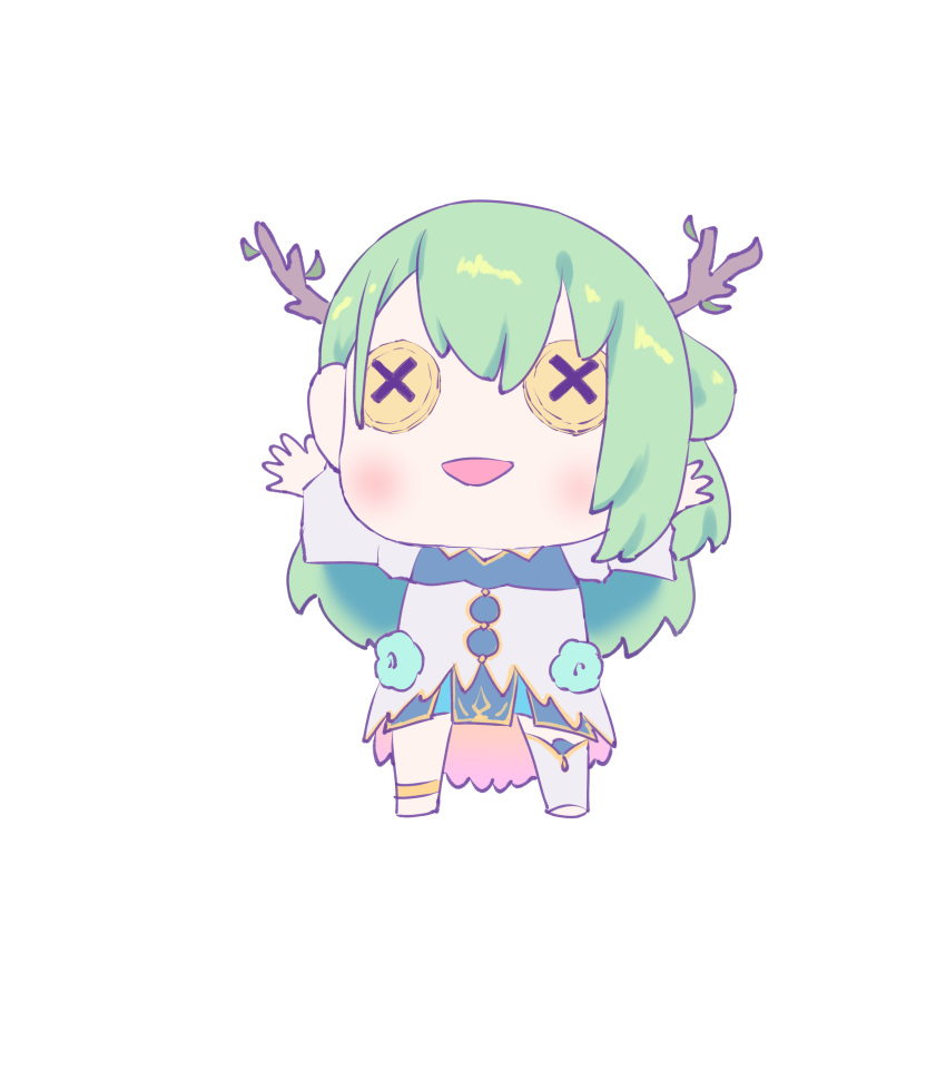 1girl, absurdres, anklet, antlers, blue_dress, button_eyes, buttons, ceres_fauna
