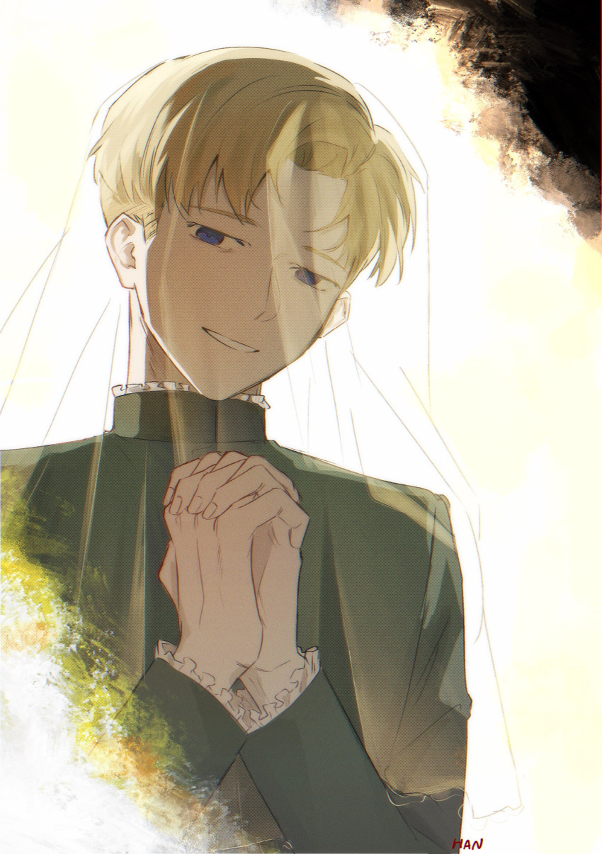 1boy, absurdres, blonde_hair, blue_eyes, bridal_veil, chi.:_chikyuu_no_undou_ni_tsuite, green_jacket, han_orb