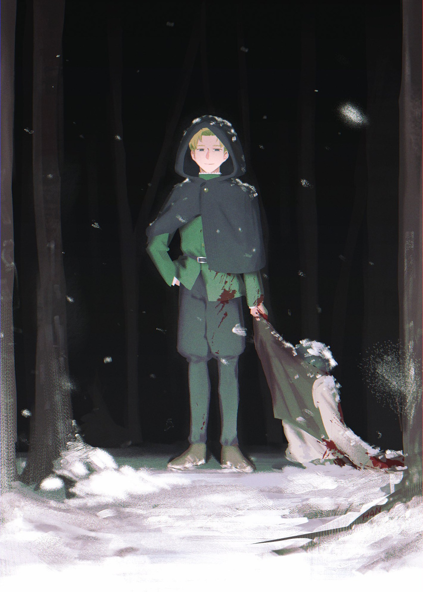 1boy, 1other, belt, black_pants, blonde_hair, blood, blood_on_clothes, blue_eyes