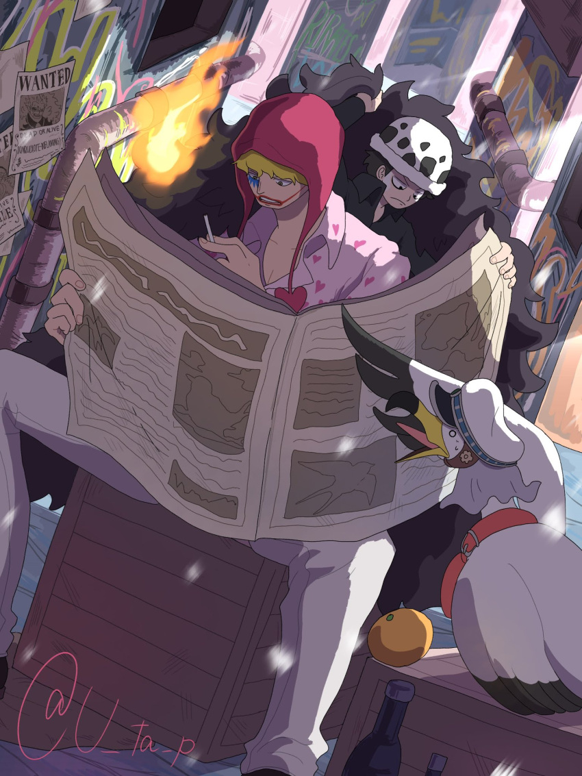 2boys, aged_down, bird, black_hair, blonde_hair, burning_clothes, commentary, donquixote_rocinante