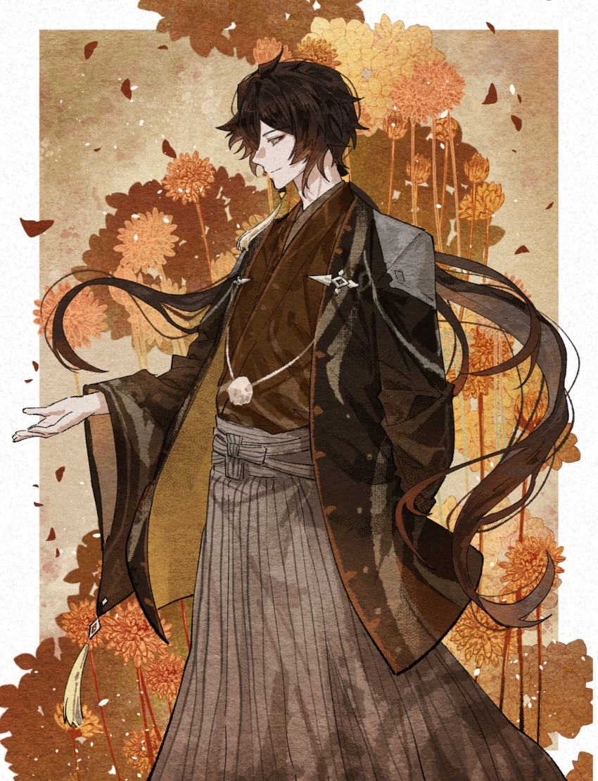 1boy, arm_up, brown_eyes, brown_hair, chinese_clothes, chinese_commentary, closed_mouth, commentary_request