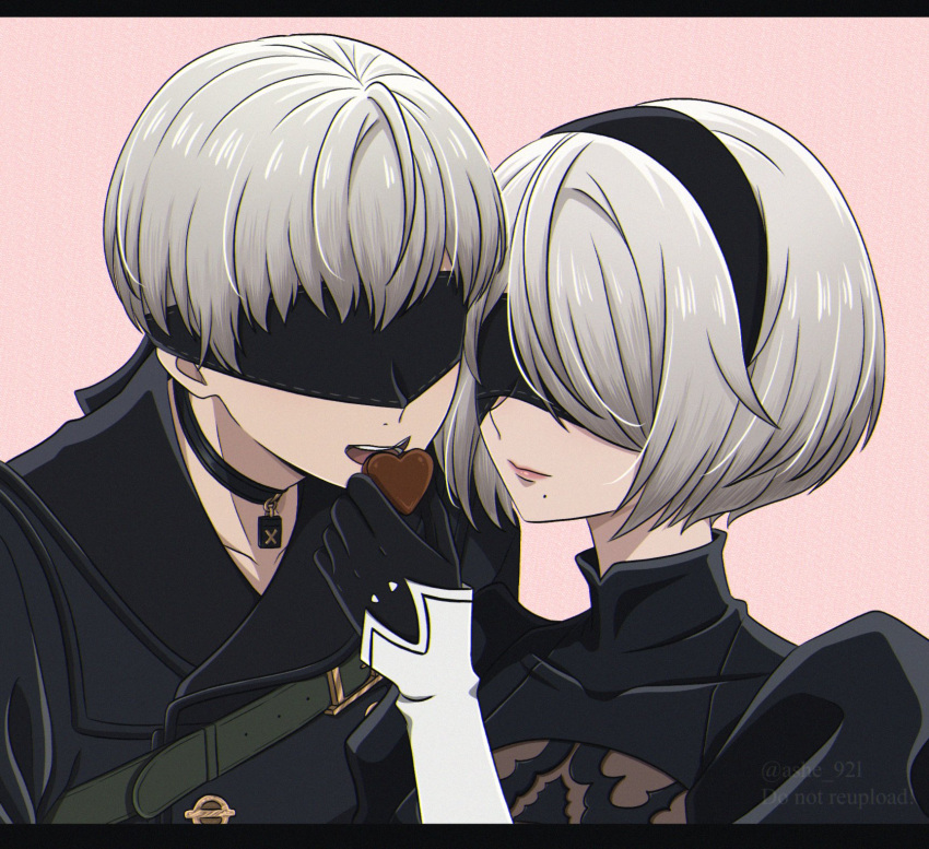 1boy, 1girl, 2b_(nier:automata), 9s_(nier:automata), black_choker, black_dress, black_gloves, black_hairband