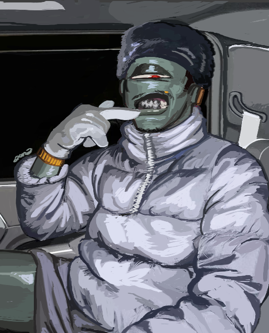 1boy, alternate_skin_color, colored_skin, cyclops, dark-skinned_male, dark_skin, down_jacket, english_commentary, facial_hair, fur_hat, gloves, gold_wristwatch, grey_background, grey_skin, hat, jacket, jogo_(jujutsu_kaisen), jujutsu_kaisen, looking_at_viewer, male_focus, mustache_stubble, one-eyed, shirt, solo, stubble, white_gloves, white_jacket, zombtuna
