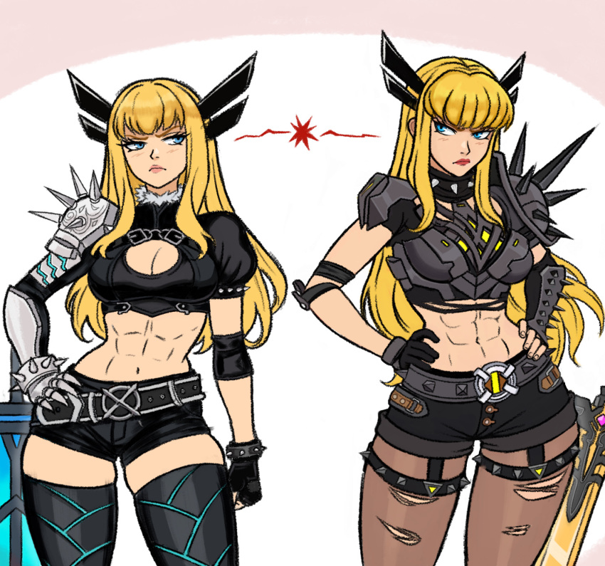 2girls, abs, armor, asymmetrical_gloves, black_gloves, blonde_hair, blue_eyes, clawed_gauntlets