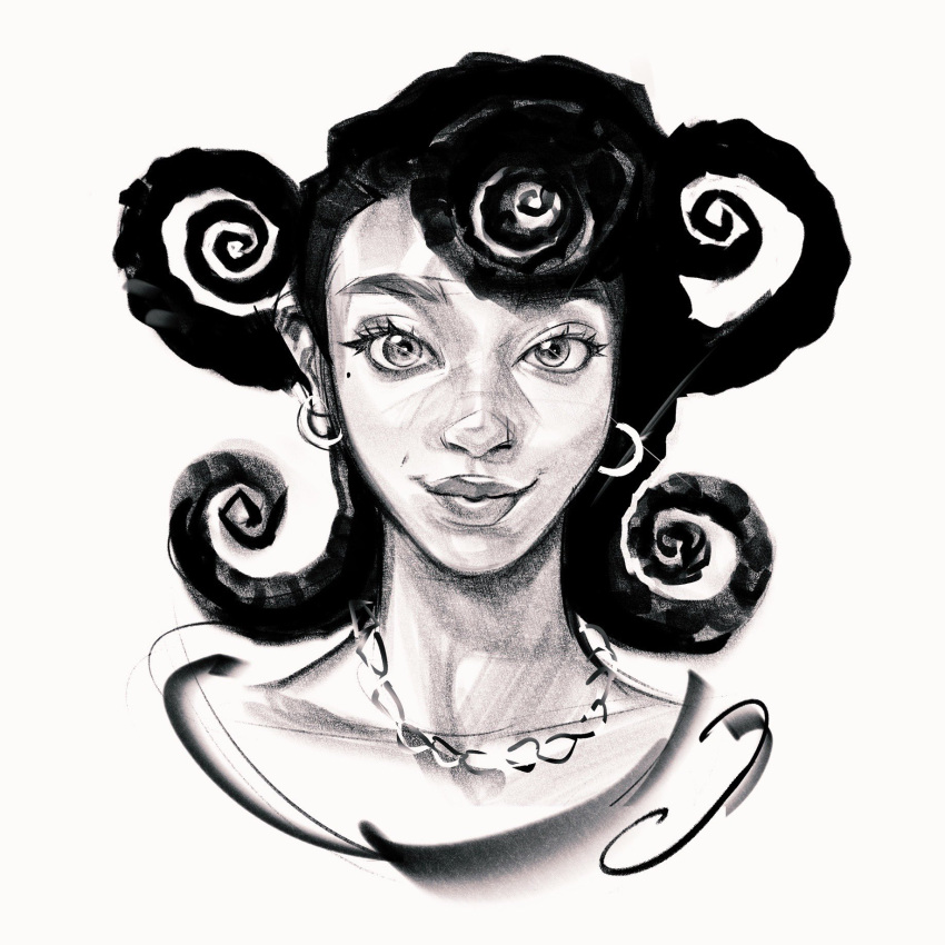1girl, chain, chain_necklace, colehairlesscat, earrings, english_commentary, eyelashes, greyscale