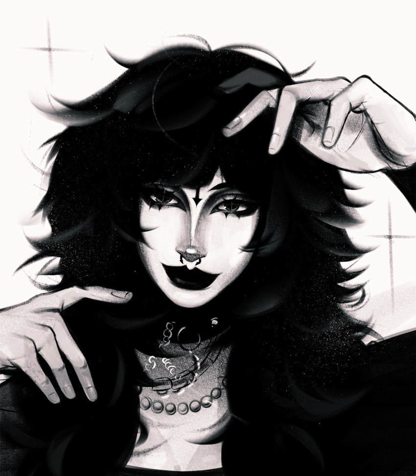 1girl, black_hair, black_lips, colehairlesscat, colored_skin, face_piercing, facial_mark, greyscale