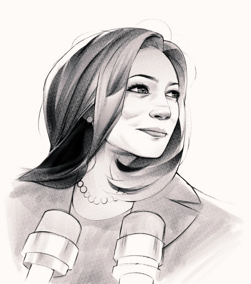 1girl, colehairlesscat, english_commentary, highres, kamala_harris, medium_hair, microphone, politician