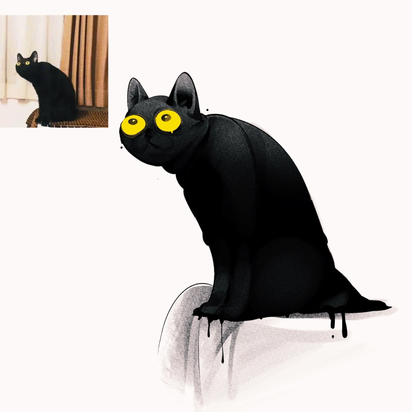animal_ears, animal_focus, black_cat, cat, cat_ears, colehairlesscat, dripping, english_commentary
