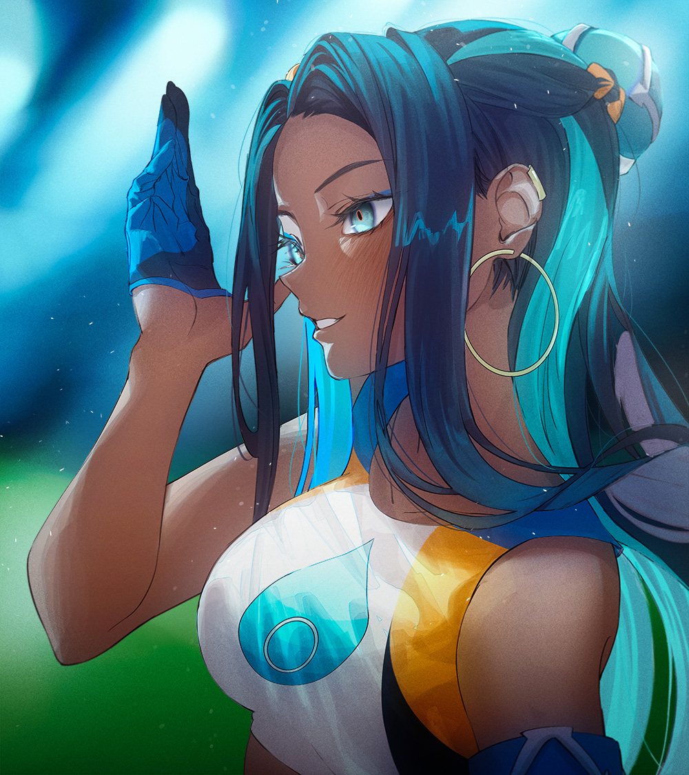 1girl, aqua_eyes, armlet, bare_shoulders, black_hair, blue_eyeshadow, blue_gloves, blue_hair