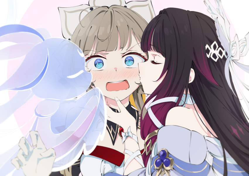 2girls, absurdres, bare_shoulders, black_collar, black_hair, black_sleeves, blue_eyes, blush
