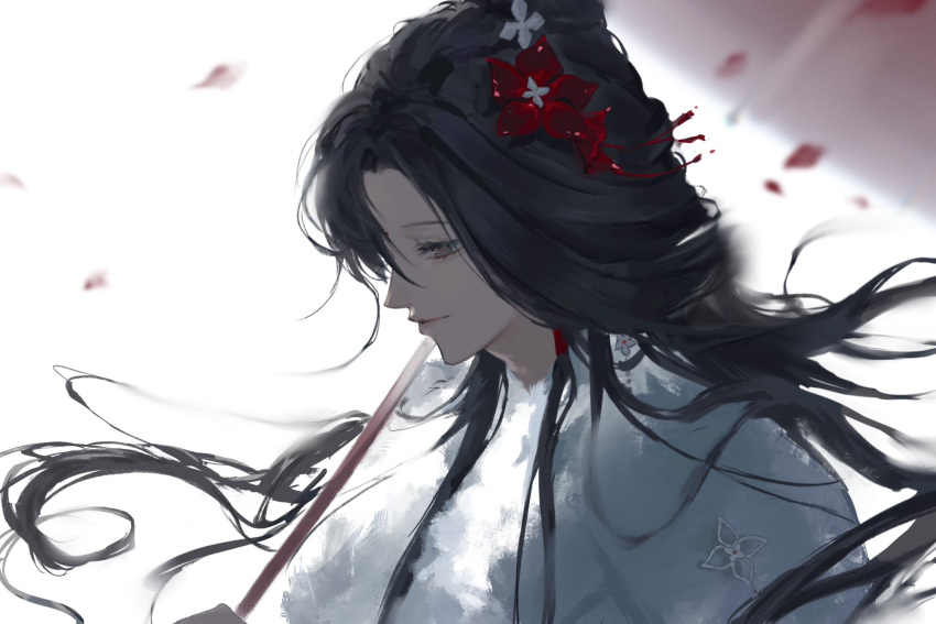 1girl, black_hair, chinese_clothes, floating_hair, from_side, hashtag-only_commentary, highres, jichuan_(path_to_nowhere), light_smile, long_hair, path_to_nowhere, petals, portrait, solo, very_long_hair, white_background, zznuru