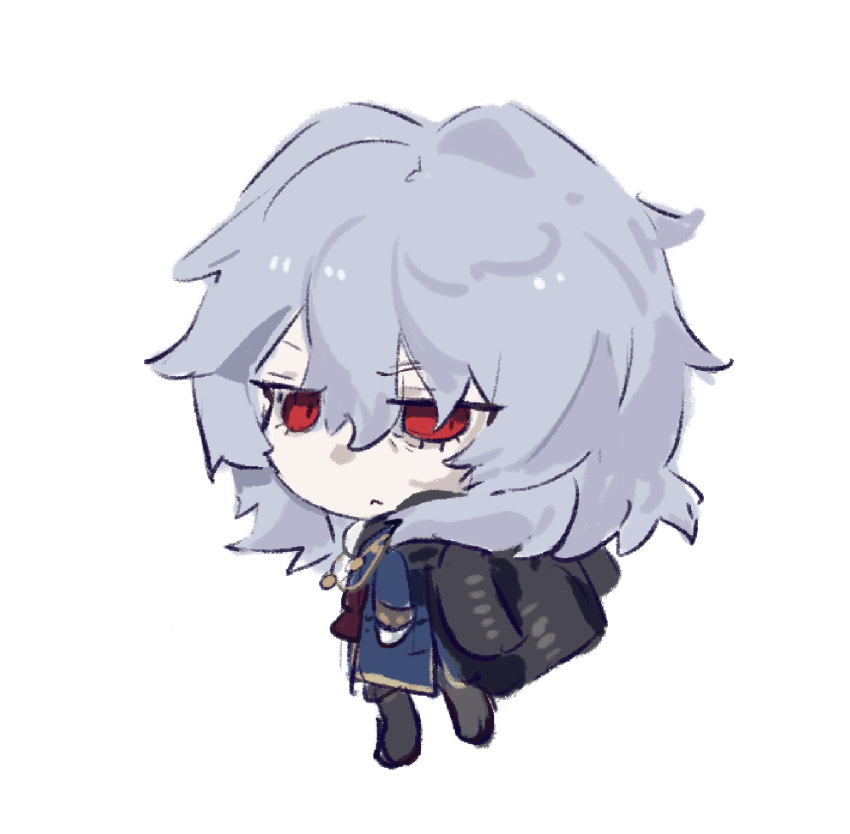 1boy, angry, blue_coat, chibi, coat, commentary_request, formal_clothes, fur_coat