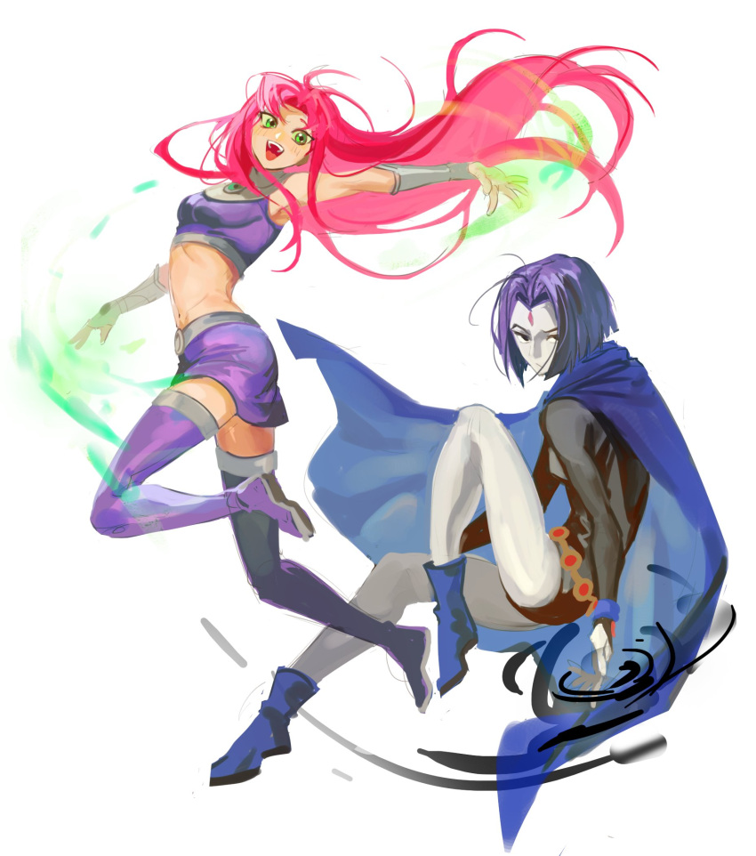 2girls, black_leotard, cape, chewinggum205, cloak, colored_skin, commentary_request, dc_comics, forehead_jewel, grey_skin, highres, korean_commentary, leotard, multiple_girls, orange_skin, purple_cape, purple_cloak, raven_(dc), sleeved_leotard, starfire, superhero_costume, tamaranean, teen_titans