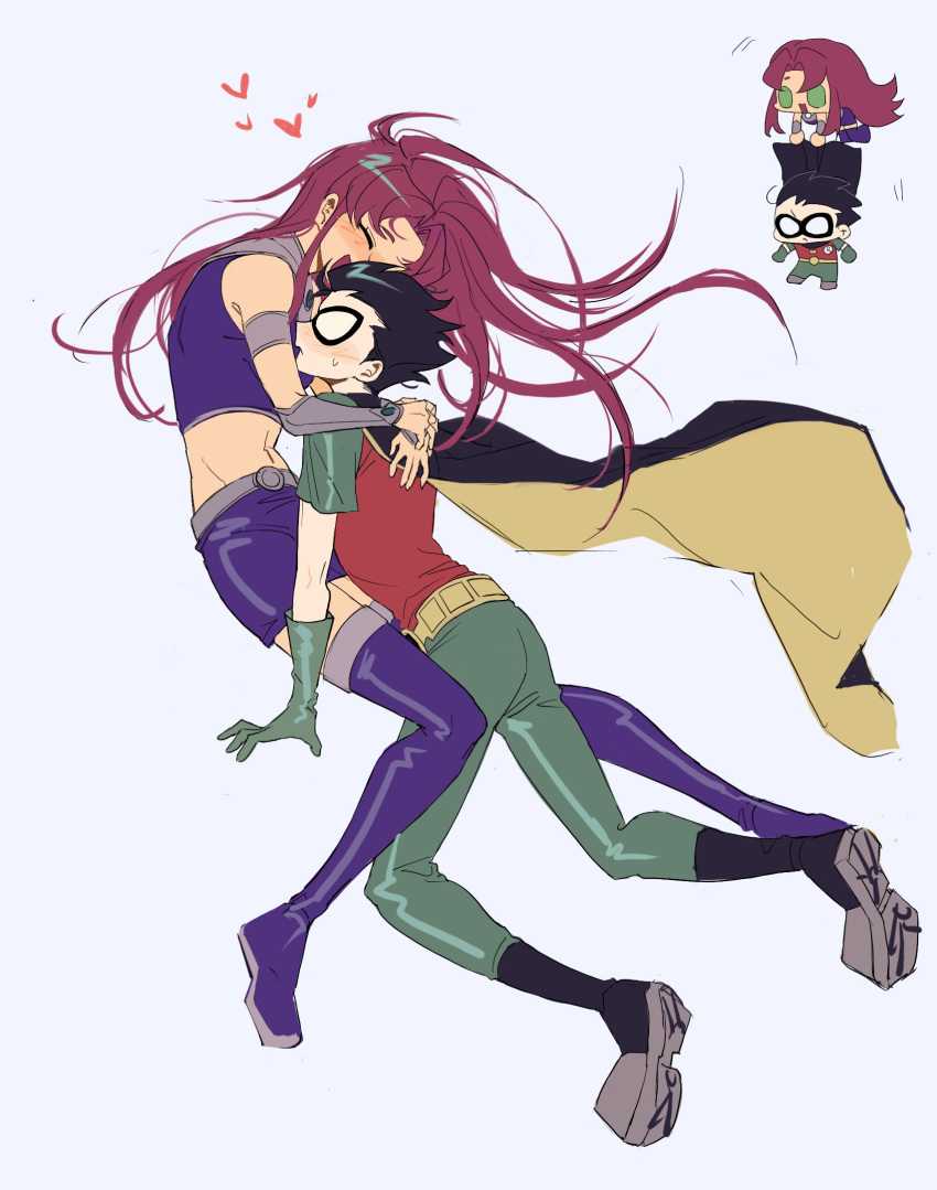 1boy, 1girl, armbinder, boots, chewinggum205, colored_skin, commentary_request, dc_comics, flying, highres, hug, korean_commentary, orange_skin, red_hair, robin_(dc), skirt, starfire, striped_clothes, superhero_costume, tamaranean, teen_titans