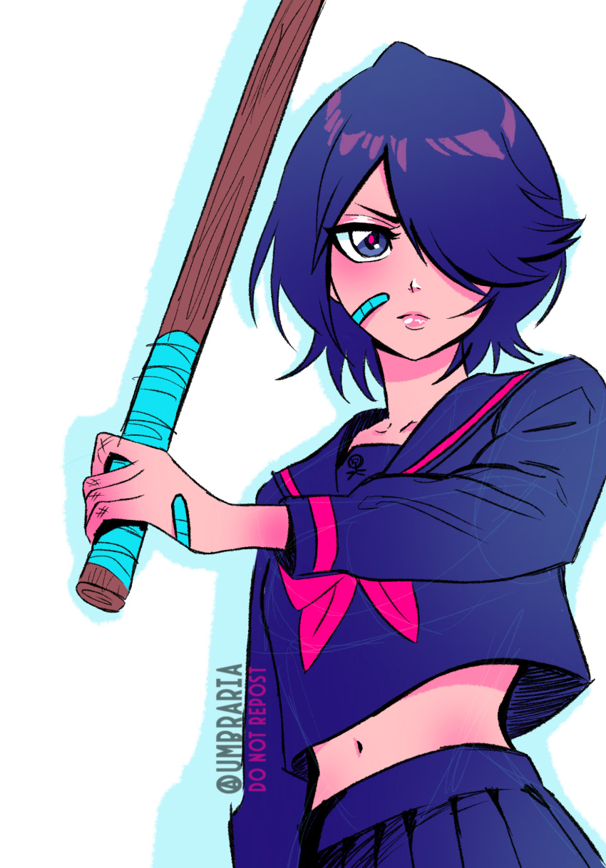 1girl, bandaid, bandaid_on_cheek, bandaid_on_face, black_eyes, black_hair, black_serafuku, bleach, bleach:_the_high_school_warfare, bokken, breasts, commentary, english_commentary, expressionless, frown, hair_over_one_eye, highres, holding, holding_weapon, kuchiki_rukia, lips, midriff, navel, pink_lips, pleated_skirt, school_uniform, serafuku, skirt, small_breasts, solo, sword, tumblr_username, umbra_(edits_umbra), upper_body, watermark, weapon, wooden_sword