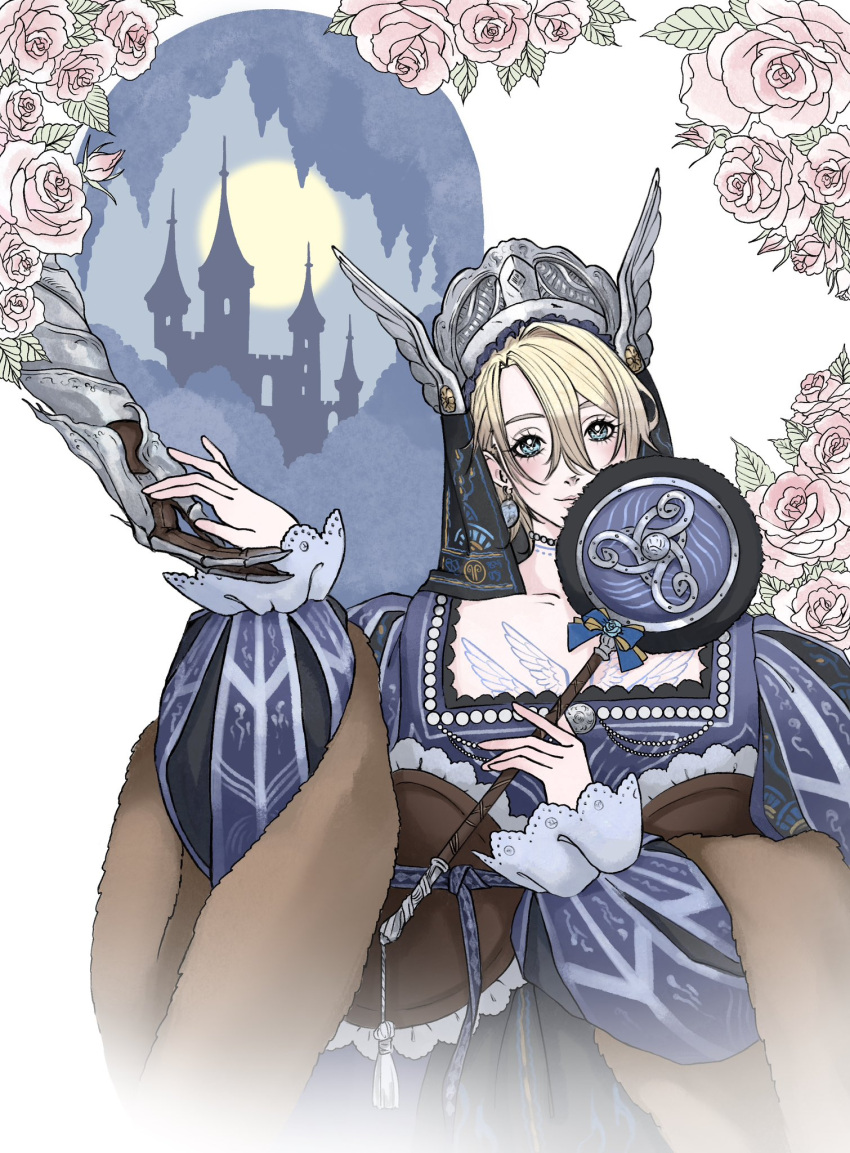 1boy, blonde_hair, blue_dress, blue_eyes, castle, constance_(angeliccarousel), dress, elden_ring