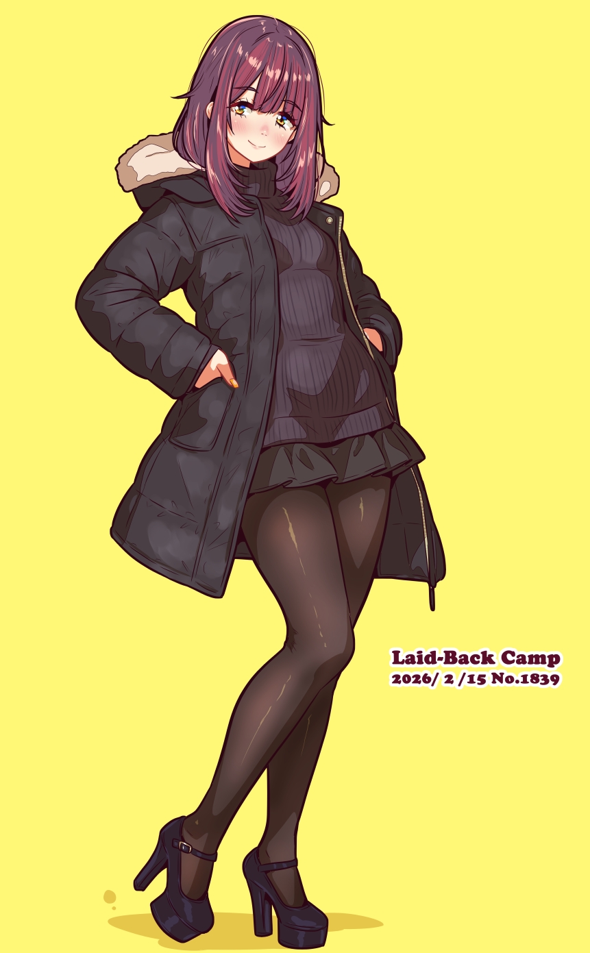 1girl, black_jacket, black_pantyhose, black_shoes, black_skirt, black_sweater, blush, brown_hair, closed_mouth, commentary_request, copyright_name, dated, fur-trimmed_hood, fur_trim, hands_in_pockets, highres, hood, hooded_jacket, jacket, jagi_(jagi_souken), long_hair, miniskirt, open_clothes, open_jacket, pantyhose, platform_heels, pleated_skirt, ribbed_sweater, shoes, simple_background, skirt, smile, solo, standing, straight_hair, sweater, toki_ayano, turtleneck, turtleneck_sweater, yellow_background, yellow_eyes, yurucamp