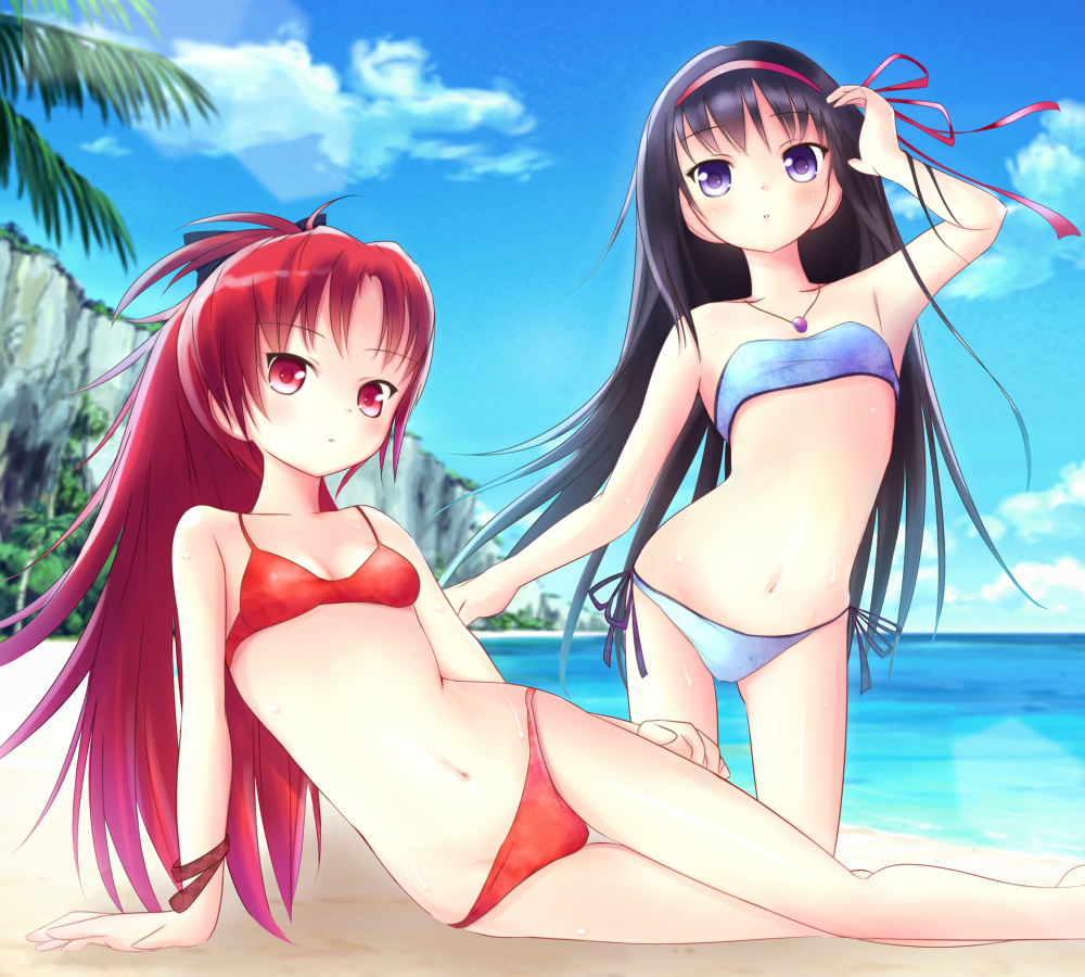 akemi_homura, bad_hands, bandeau, beach, bikini, black_hair, blush, hair_ribbon