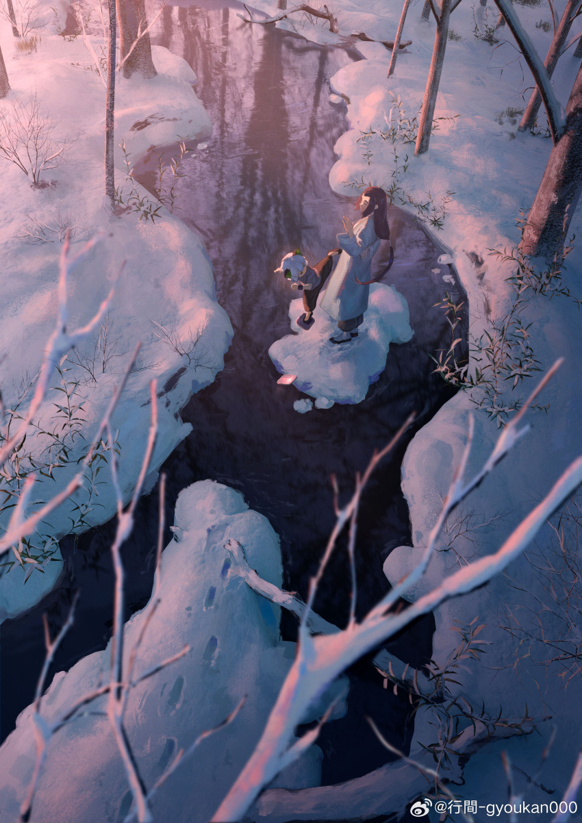 2boys, absurdres, animal_ears, bare_tree, black_hair, black_pants, blue_robe, cat_boy