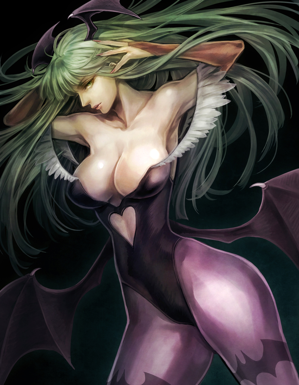bridal_gauntlets, cleavage, fingernails, green_eyes, green_hair, head_wings, highres, large_breasts