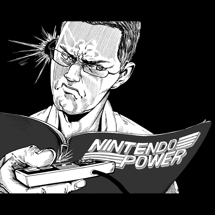 1boy, 2025, angry_video_game_nerd, controller, game_controller, glasses, greyscale, male