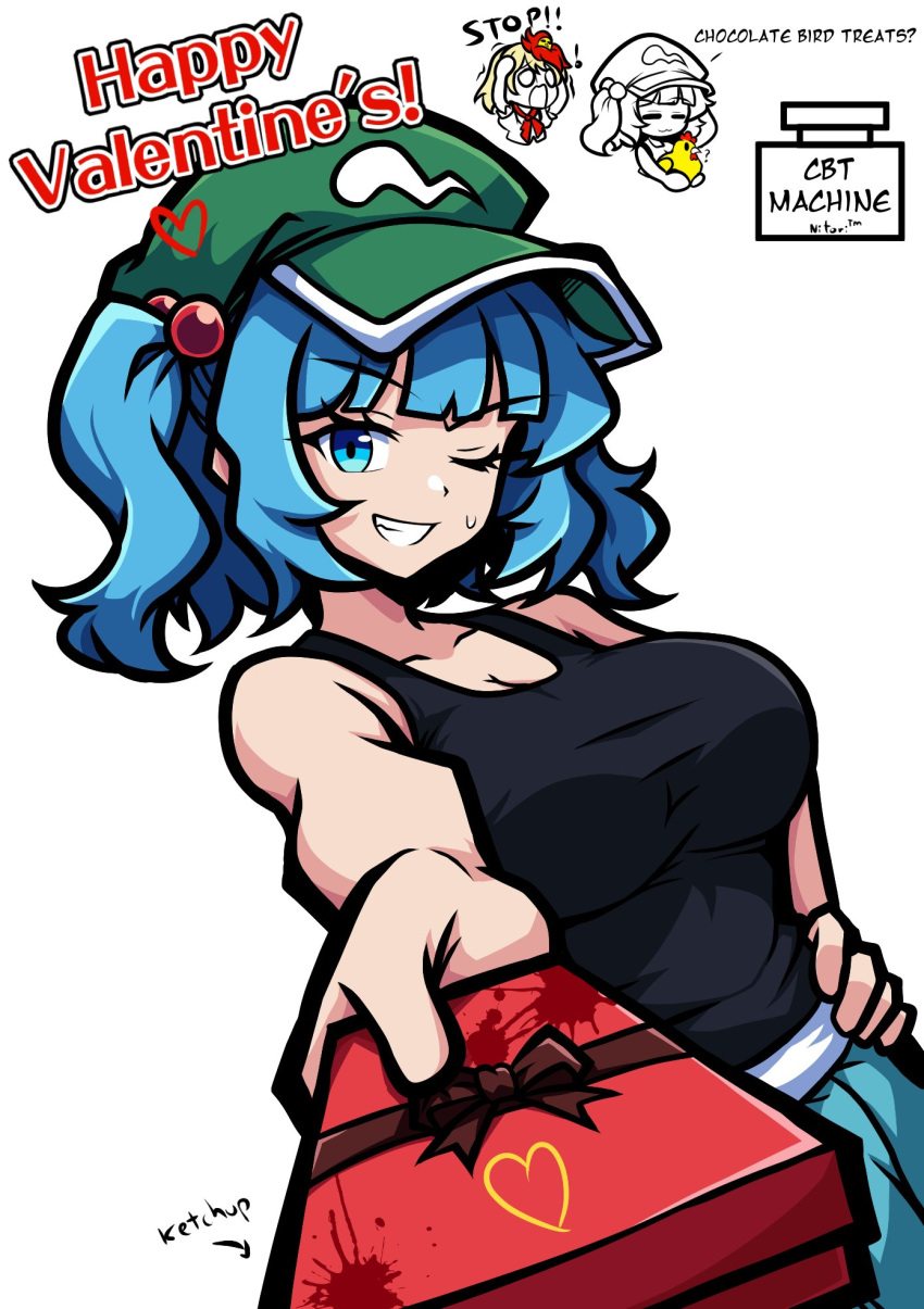 arianne20131, blue_eyes, blue_hair, breasts, chibi, gift, green_hat, happy_valentine
