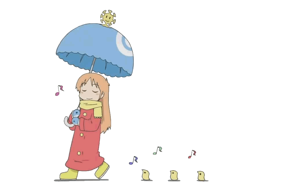 animated, animated_gif, bird, blonde_hair, child, closed_eyes, eyes_closed, gif, gloves, hakase_(nichijou), hyadain_no_joujou_yuujou, kamakura_(nichijou), long_hair, mogura_(nichijou), musical_note, nichijou, professor_shinonome, scarf, smile, umbrella, walking