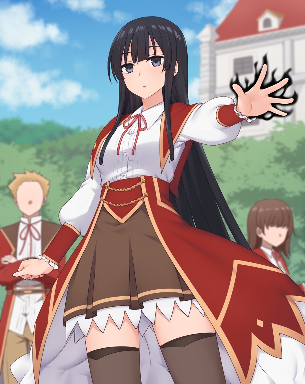 1boy, 2girls, akuyaku_reijou_level_99:_watashi_wa_ura-boss_desu_ga_maou_dewa_arimasen, black_eyes, black_hair, blue_sky, blurry, breasts