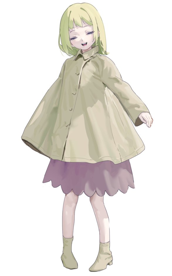 1girl, blue_eyes, boots, high_heel_boots, high_heels, looking_at_viewer, medium_hair, narrowed_eyes, open_mouth, original, shotani_ohei, skirt, smile, solo, standing, teeth, upper_teeth_only, white_background