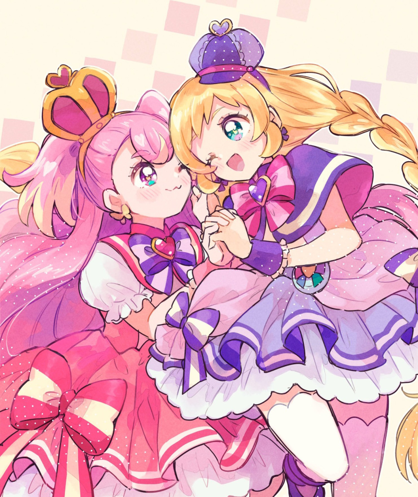 2girls, ;3, ;d, arched_crown, blonde_hair, blue_eyes, bow, bowtie, braid, brooch, capelet, commentary, crown, cure_friendy, cure_wonderful, dress, dutch_angle, earrings, flat_cap, hair_bow, hairband, hat, hat_ornament, heart, heart_brooch, heart_hat_ornament, highres, holding_hands, interlocked_fingers, inukai_komugi, jewelry, leg_up, long_hair, looking_at_another, magical_girl, medium_dress, mini_crown, mini_hat, multicolored_hair, multiple_girls, one_eye_closed, open_mouth, pact_holder, petticoat, pink_bow, pink_bowtie, pink_hair, precure, puffy_short_sleeves, puffy_sleeves, purple_bow, purple_bowtie, purple_capelet, purple_hat, red_bow, red_capelet, red_crown, red_dress, short_sleeves, smile, sorashinakei_k, standing, tilted_headwear, twin_braids, two-tone_hair, two_side_up, wonderful_precure!, wrist_cuffs, yellow_hairband