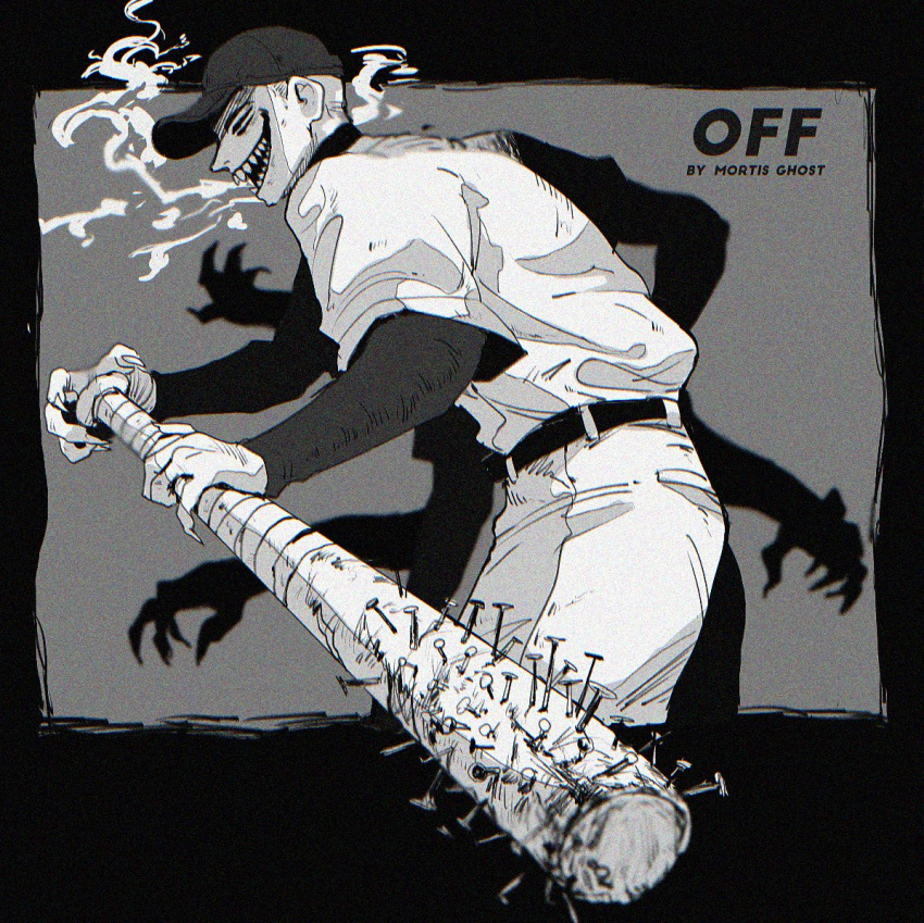 1boy, baseball_bat, baseball_cap, baseball_uniform, belt, black_border, border, commentary_request