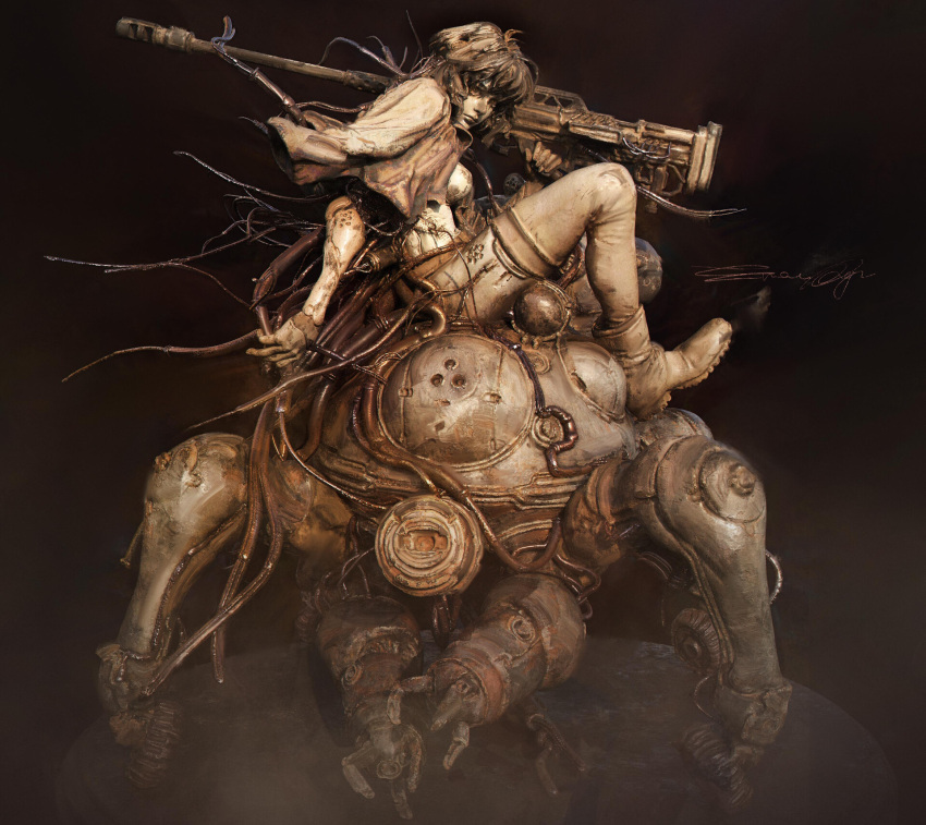1girl, 3d, anti-materiel_rifle, blender_(medium), boots, breasts, cable, closed_mouth