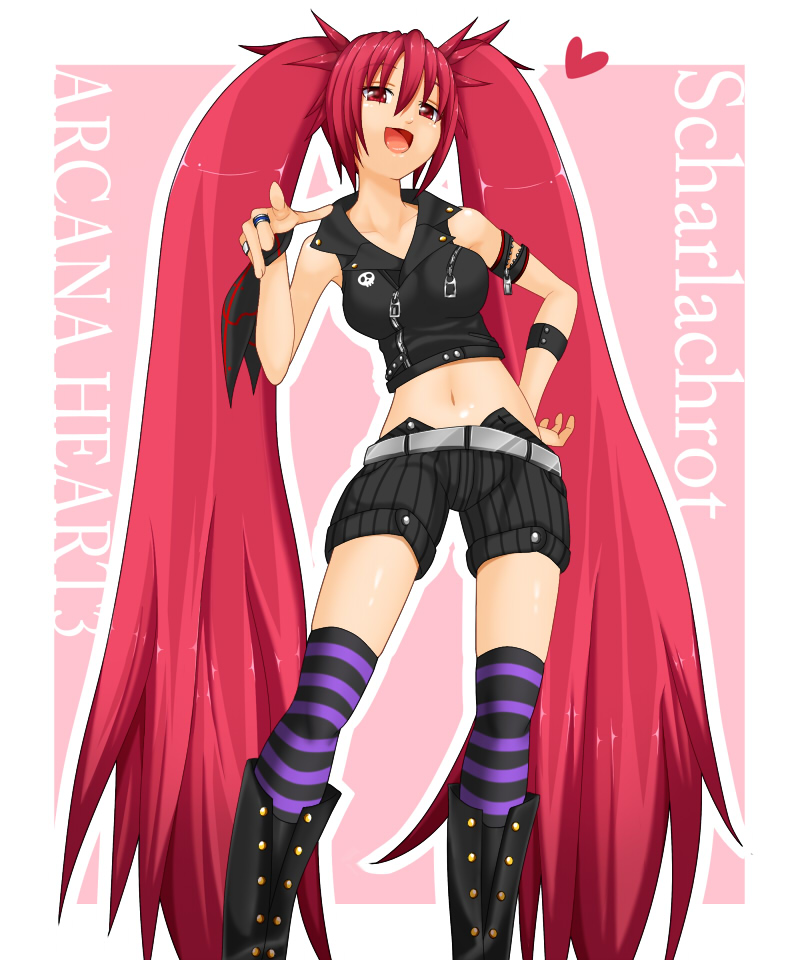 arcana_heart, arcana_heart_3, boots, character_name, long_hair, najaran_(pixiv), pointing, red_eyes, red_hair, redhead, scharlachrot, striped, striped_legwear, striped_socks, thighhighs, title_drop, twintails, very_long_hair