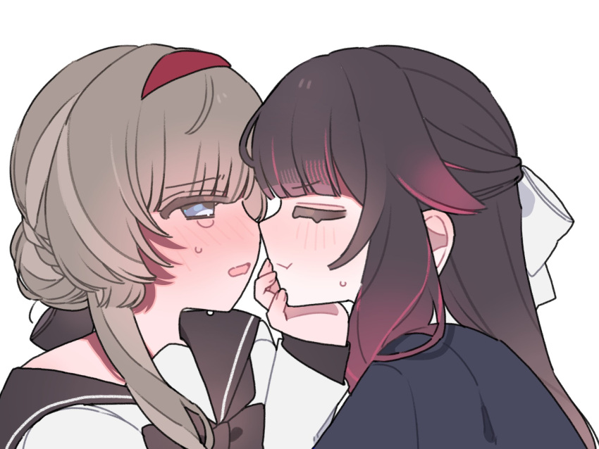 22_rink, 2girls, black_hair, black_jacket, black_sailor_collar, blue_eyes, blush, closed_eyes, closed_mouth, columbina_(genshin_impact), commentary_request, contemporary, genshin_impact, grey_hair, hairband, hand_on_another's_face, highres, jacket, long_hair, multiple_girls, pink_streaks, red_hairband, sailor_collar, sandrone_(genshin_impact), school_uniform, serafuku, simple_background, white_background, yuri